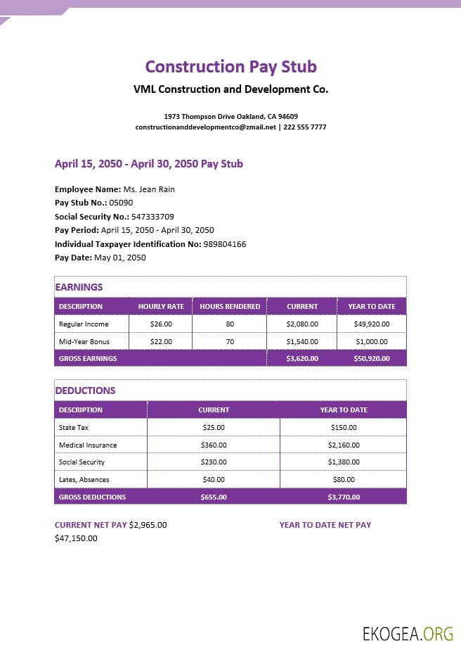 Modèle Word et PDF de bulletin de paie pour la construction